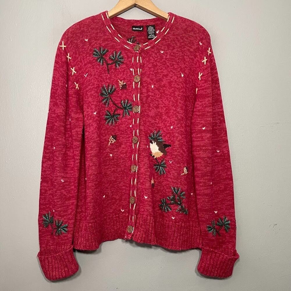NorthCrest Size Large Red Embroidered Bird Sweater Grandma Cottagecore Country